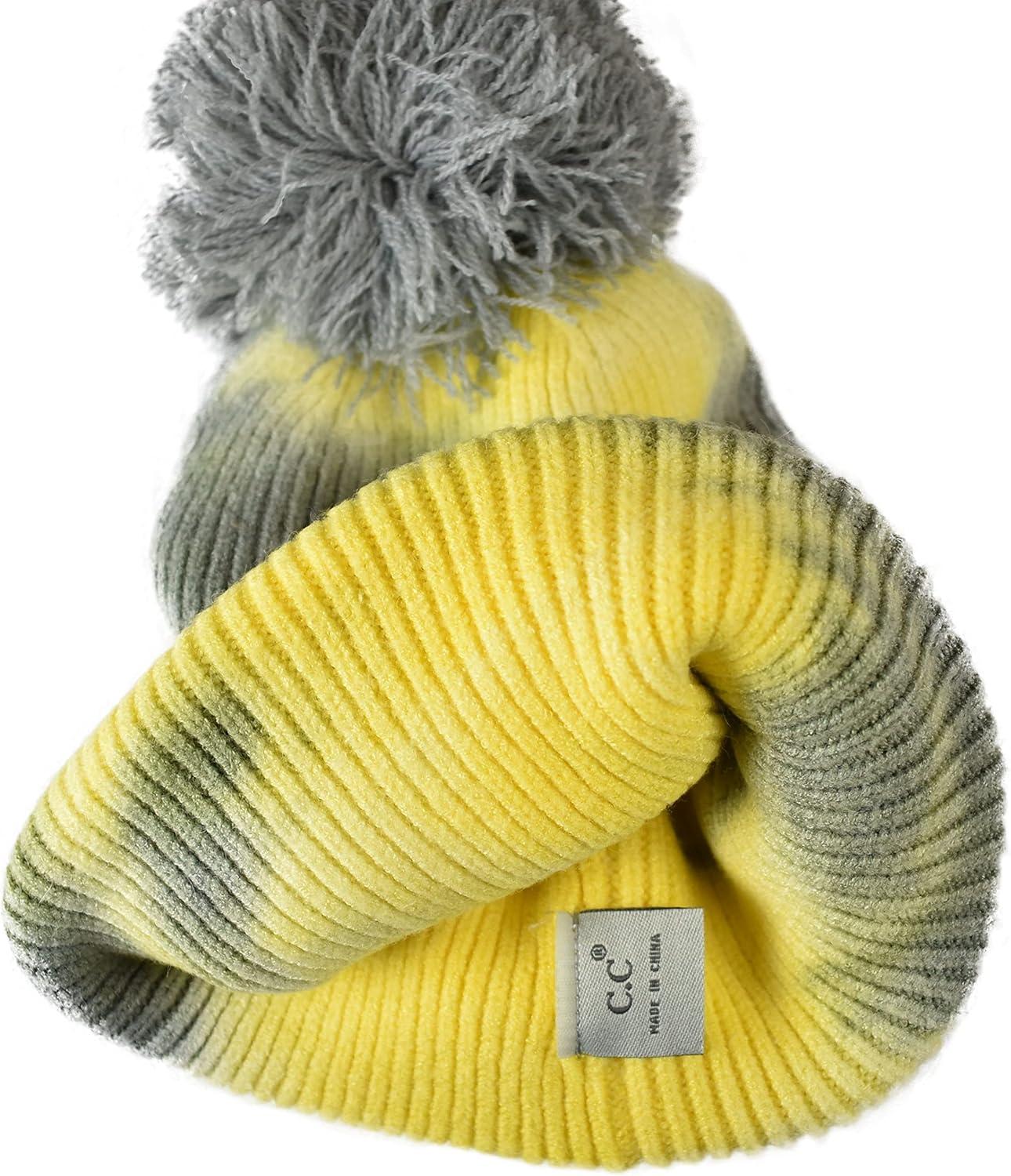 imageCC Kids Childrens Winter Thick Knit Tie Dye Pom Cuff BeanieGrayYellow