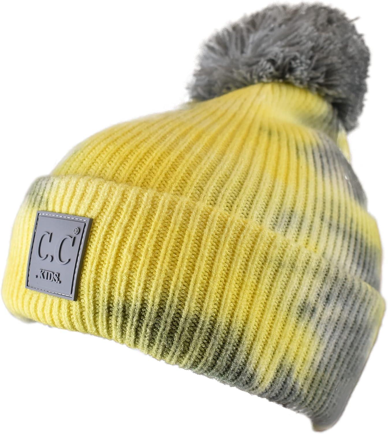 imageCC Kids Childrens Winter Thick Knit Tie Dye Pom Cuff BeanieGrayYellow