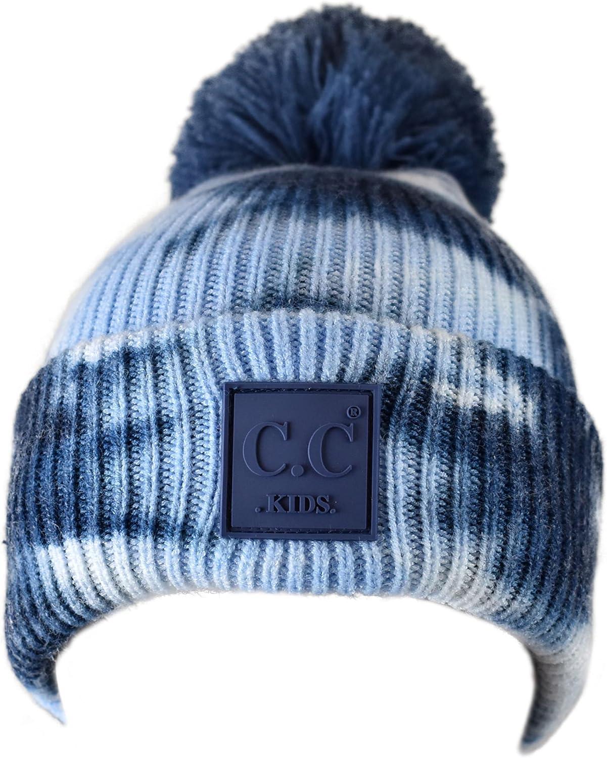 imageCC Kids Childrens Winter Thick Knit Tie Dye Pom Cuff BeanieNavyPale Blue