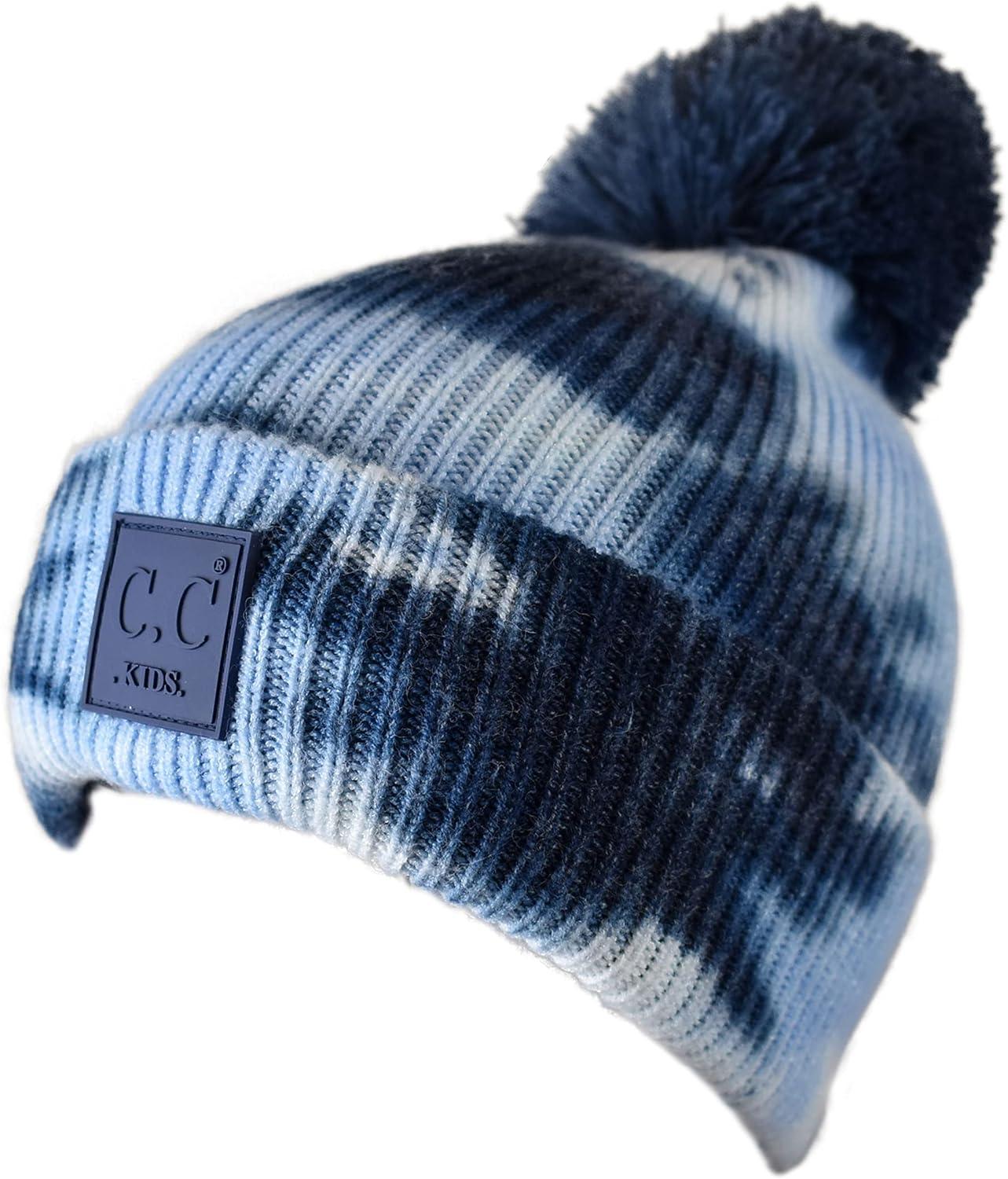 imageCC Kids Childrens Winter Thick Knit Tie Dye Pom Cuff BeanieNavyPale Blue
