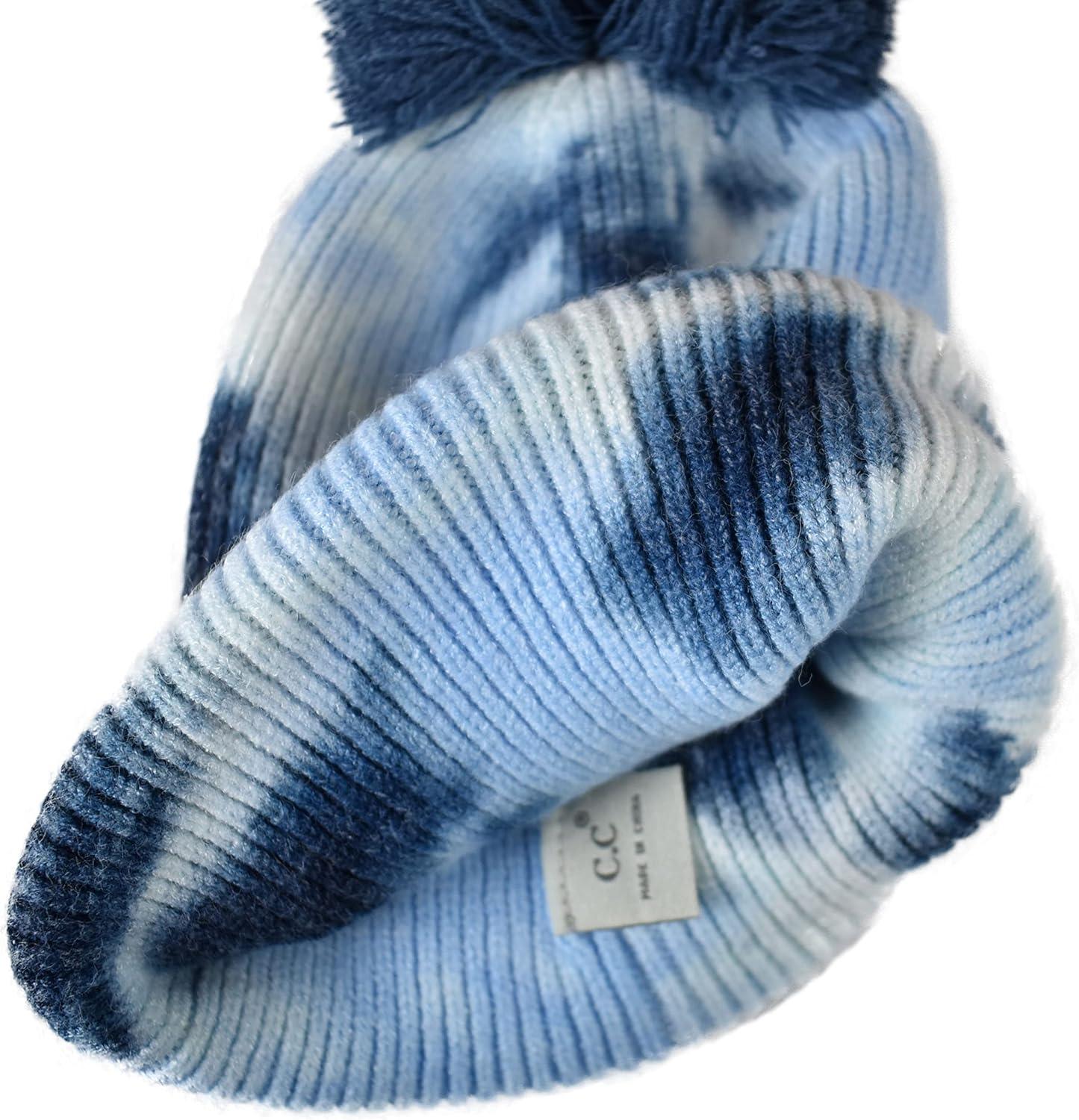 imageCC Kids Childrens Winter Thick Knit Tie Dye Pom Cuff BeanieNavyPale Blue