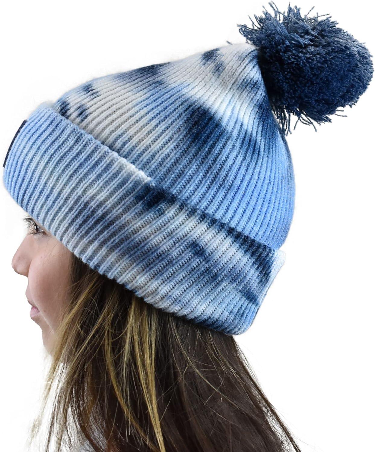 imageCC Kids Childrens Winter Thick Knit Tie Dye Pom Cuff BeanieNavyPale Blue