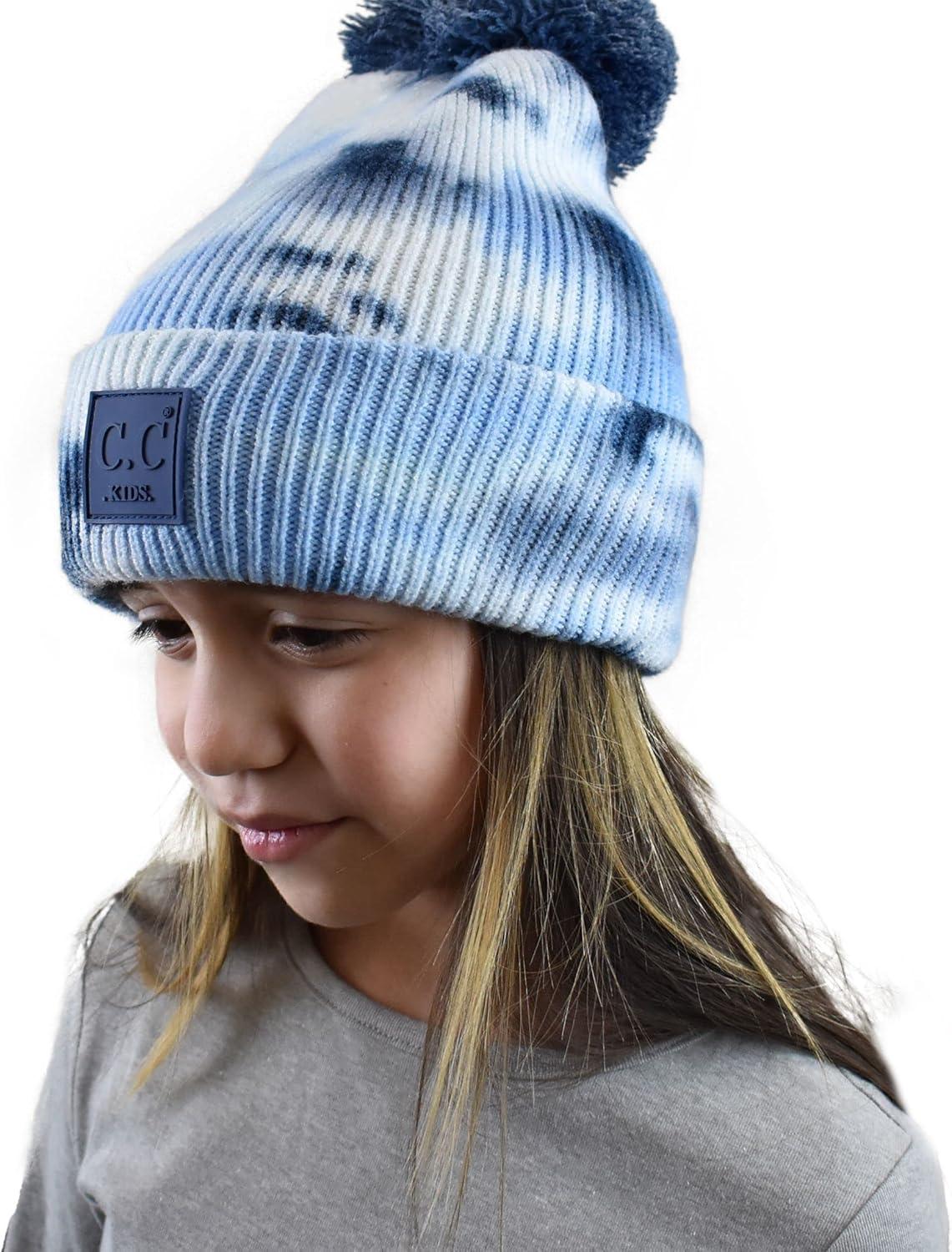 imageCC Kids Childrens Winter Thick Knit Tie Dye Pom Cuff BeanieNavyPale Blue