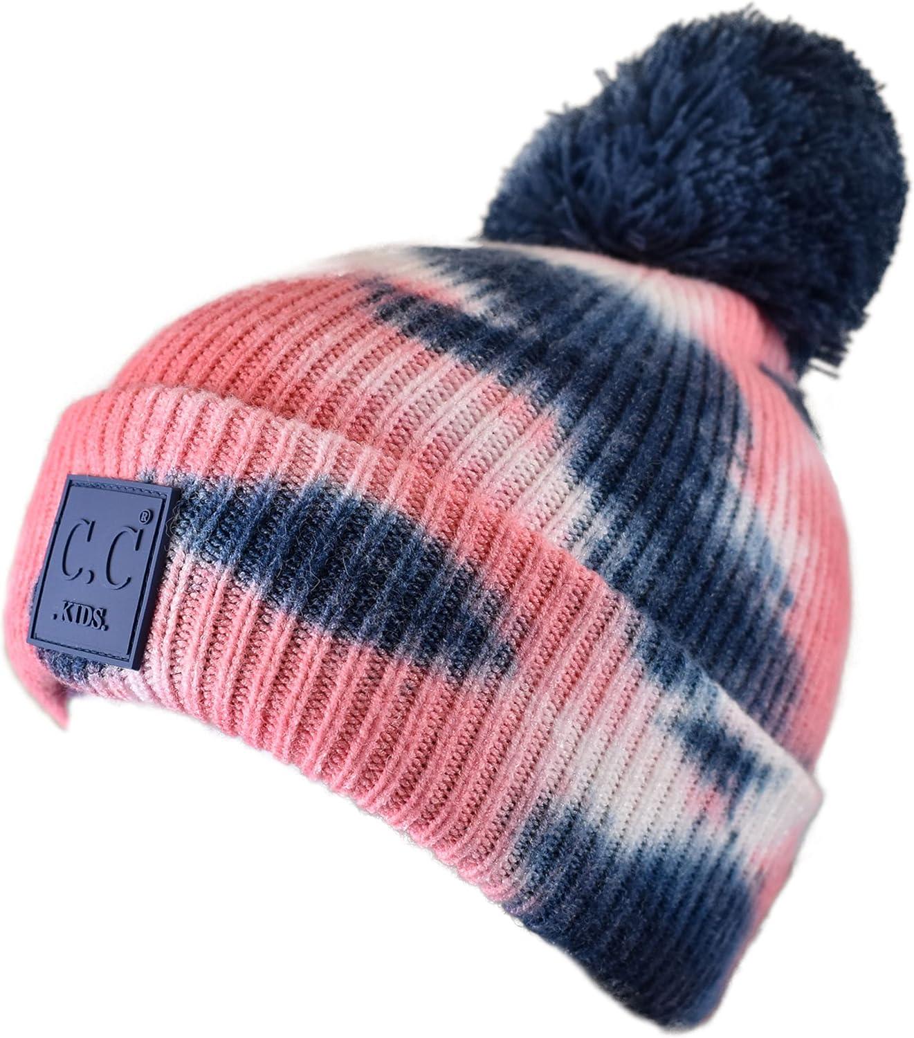imageCC Kids Childrens Winter Thick Knit Tie Dye Pom Cuff BeanieNavyPink