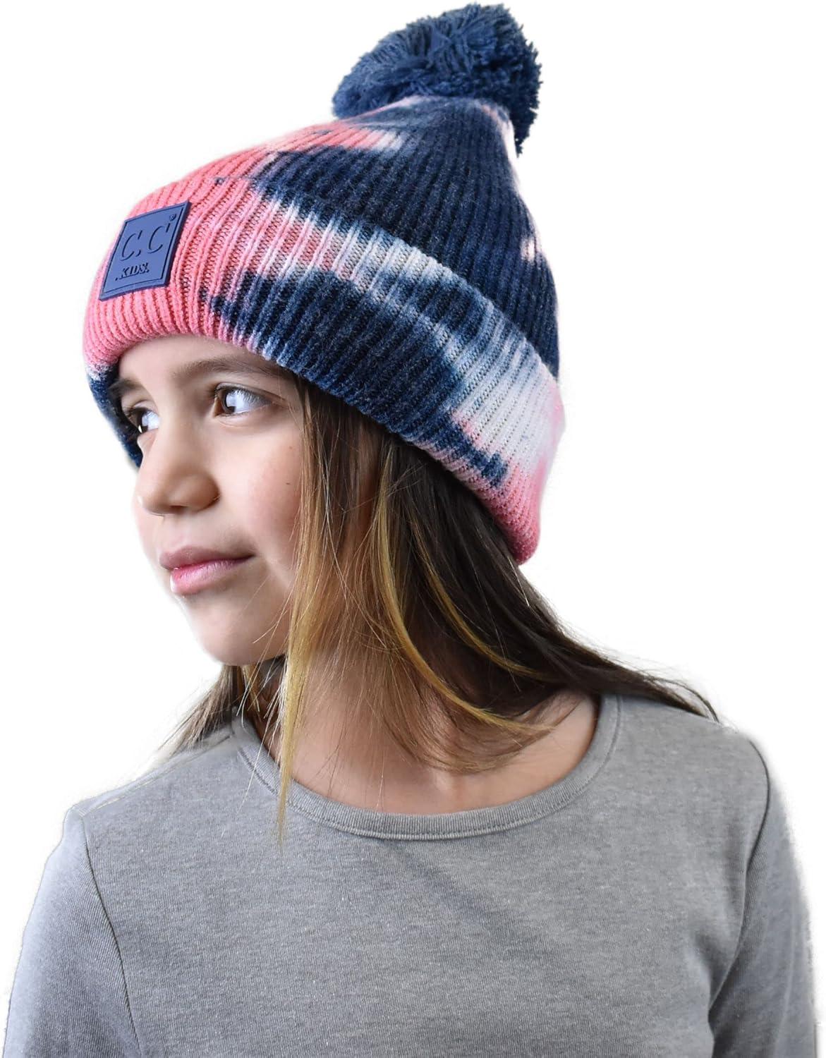 imageCC Kids Childrens Winter Thick Knit Tie Dye Pom Cuff BeanieNavyPink