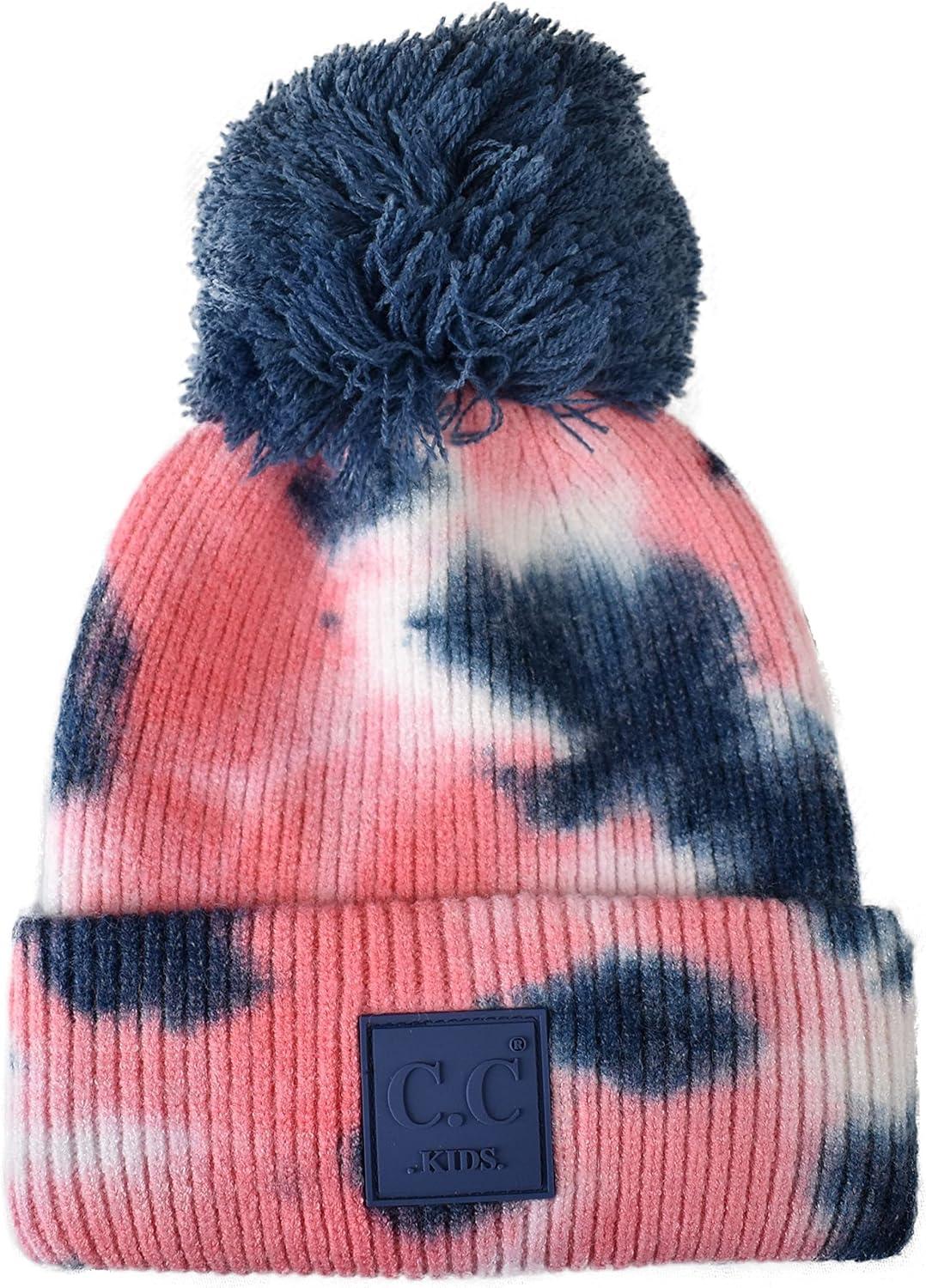 imageCC Kids Childrens Winter Thick Knit Tie Dye Pom Cuff BeanieNavyPink