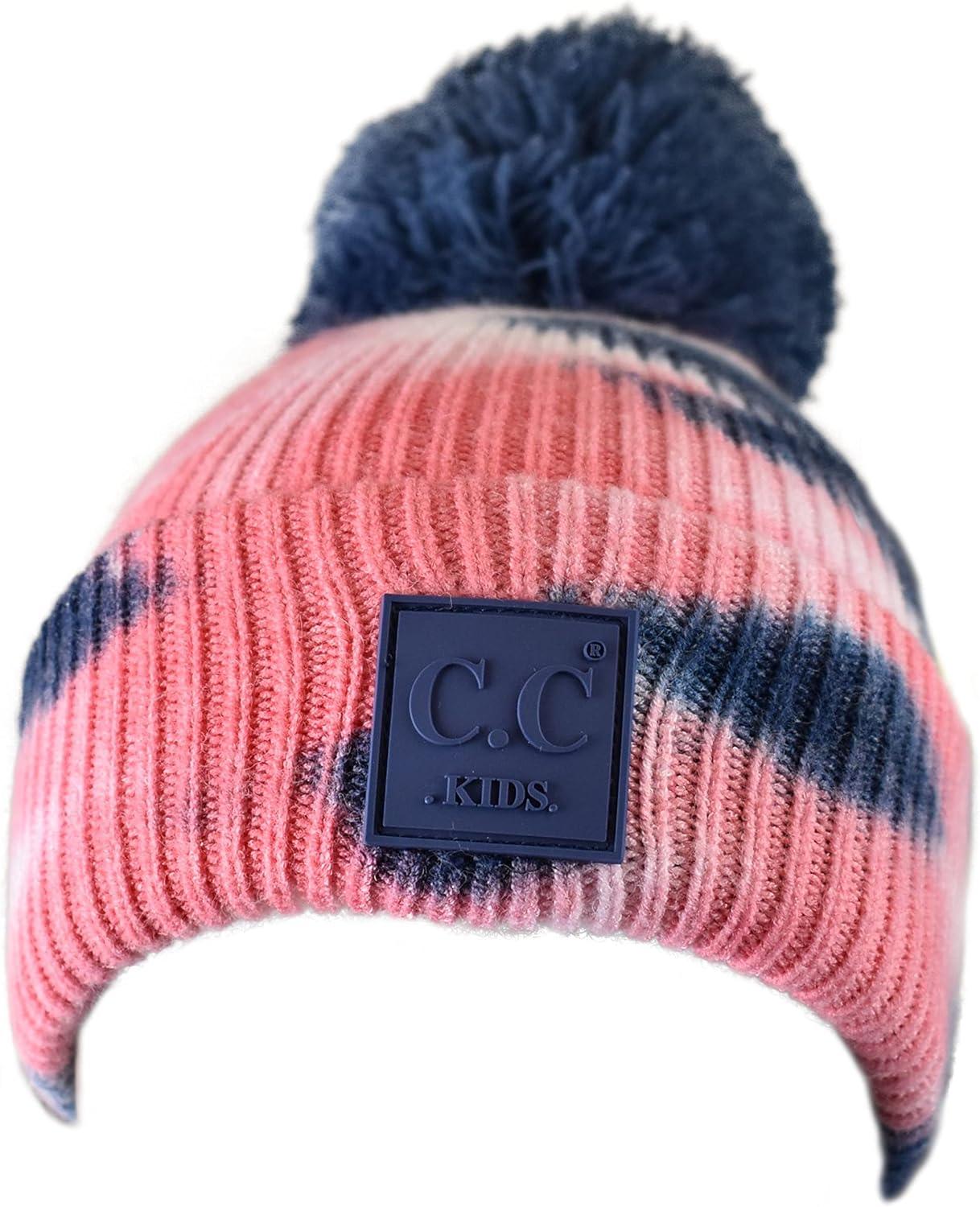 imageCC Kids Childrens Winter Thick Knit Tie Dye Pom Cuff BeanieNavyPink