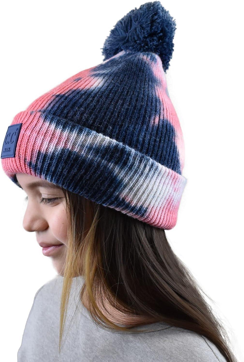 imageCC Kids Childrens Winter Thick Knit Tie Dye Pom Cuff BeanieNavyPink