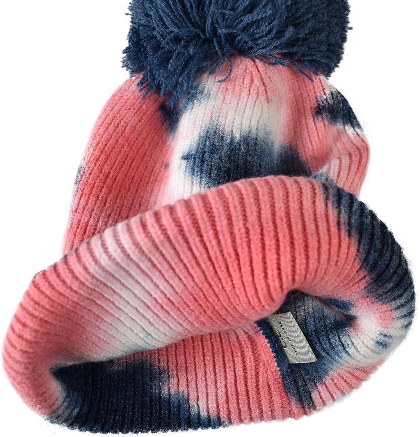 imageCC Kids Childrens Winter Thick Knit Tie Dye Pom Cuff BeanieNavyPink