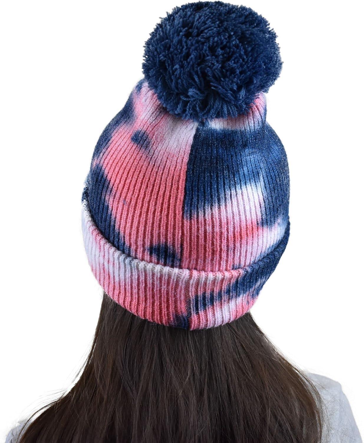imageCC Kids Childrens Winter Thick Knit Tie Dye Pom Cuff BeanieNavyPink