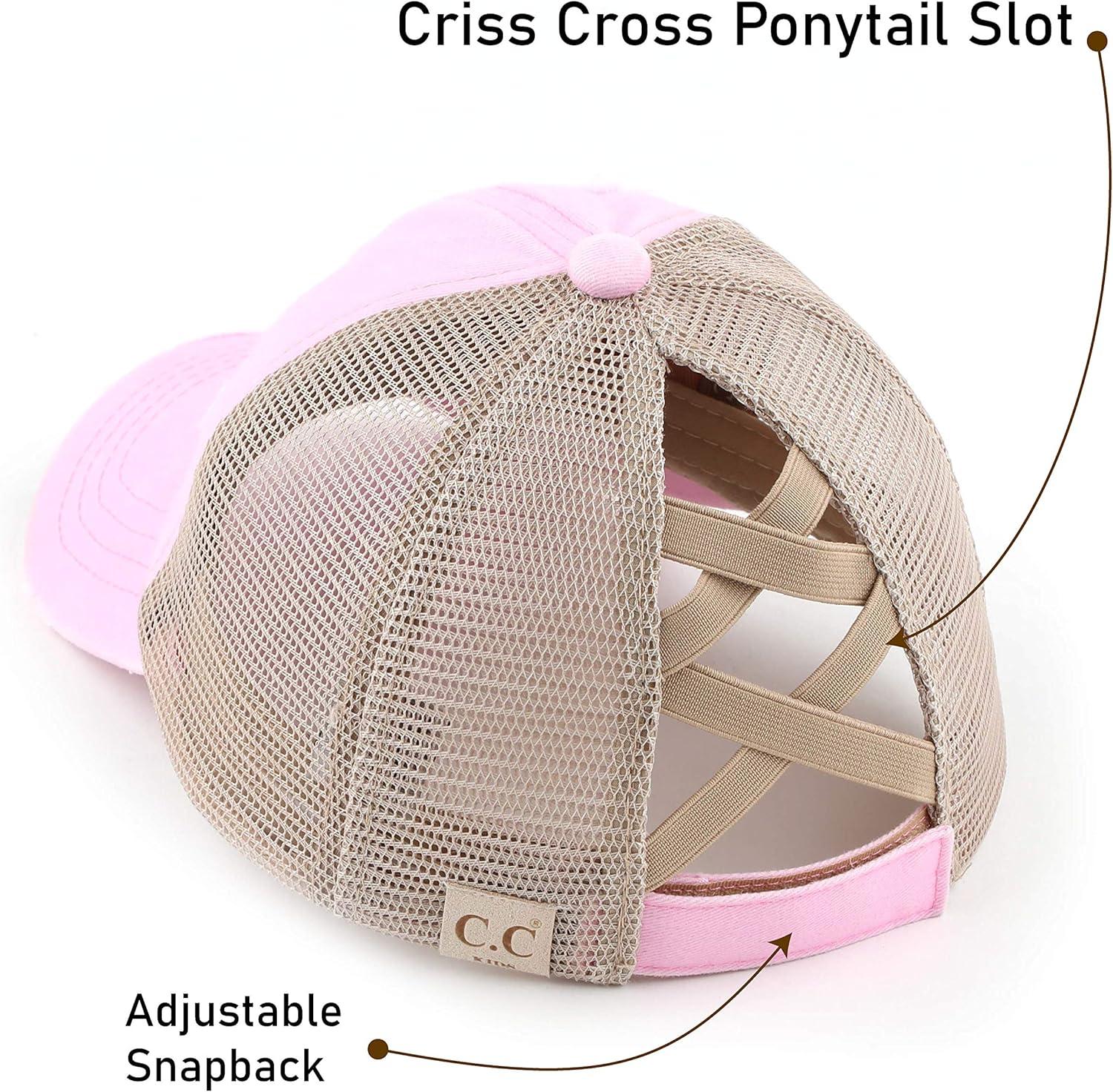 imageCC Kids CrissCross Elastic Band Ponytail Caps Messy Buns Trucker Plain Baseball Cap KIDSBT780Baby Pink