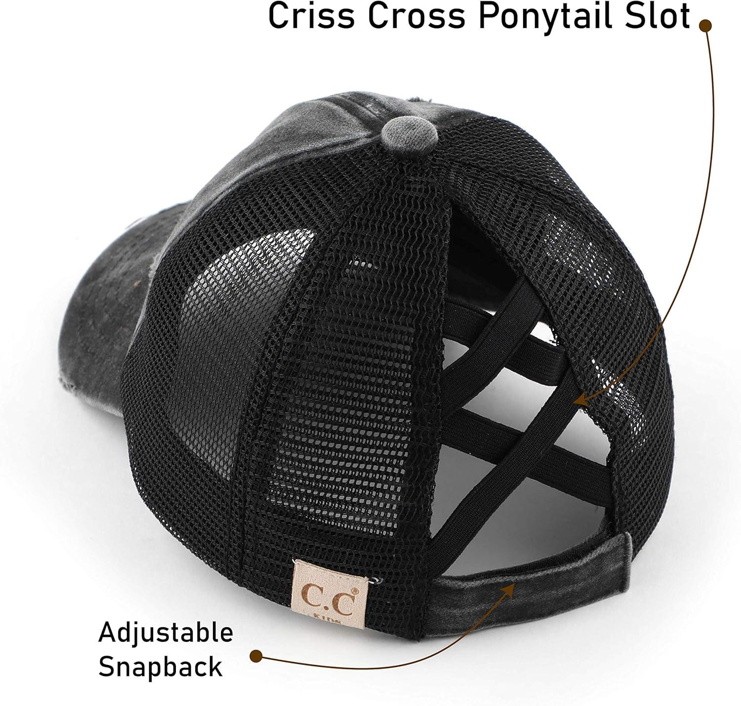 imageCC Kids CrissCross Elastic Band Ponytail Caps Messy Buns Trucker Plain Baseball Cap KIDSBT780Black