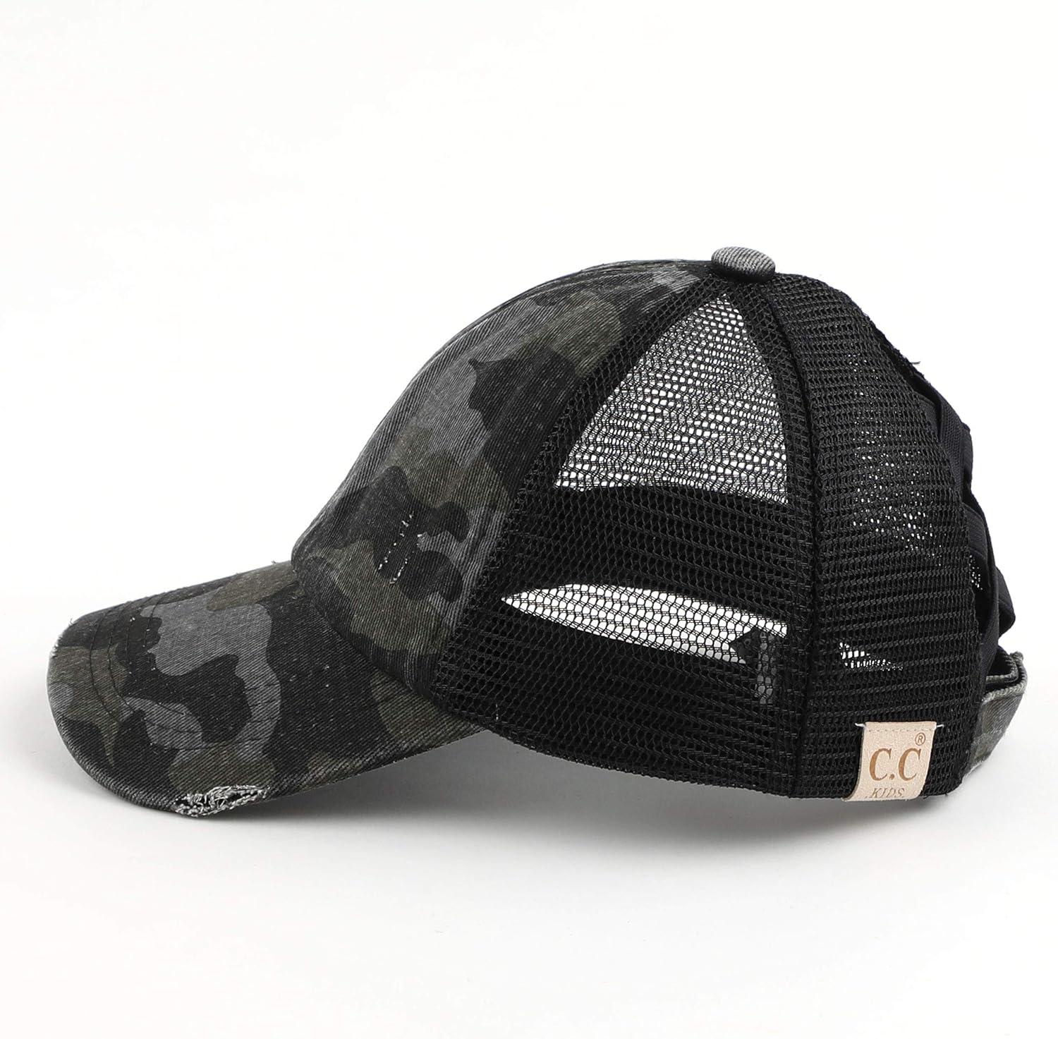 imageCC Kids CrissCross Elastic Band Ponytail Caps Messy Buns Trucker Plain Baseball Cap KIDSBT780Camoblack