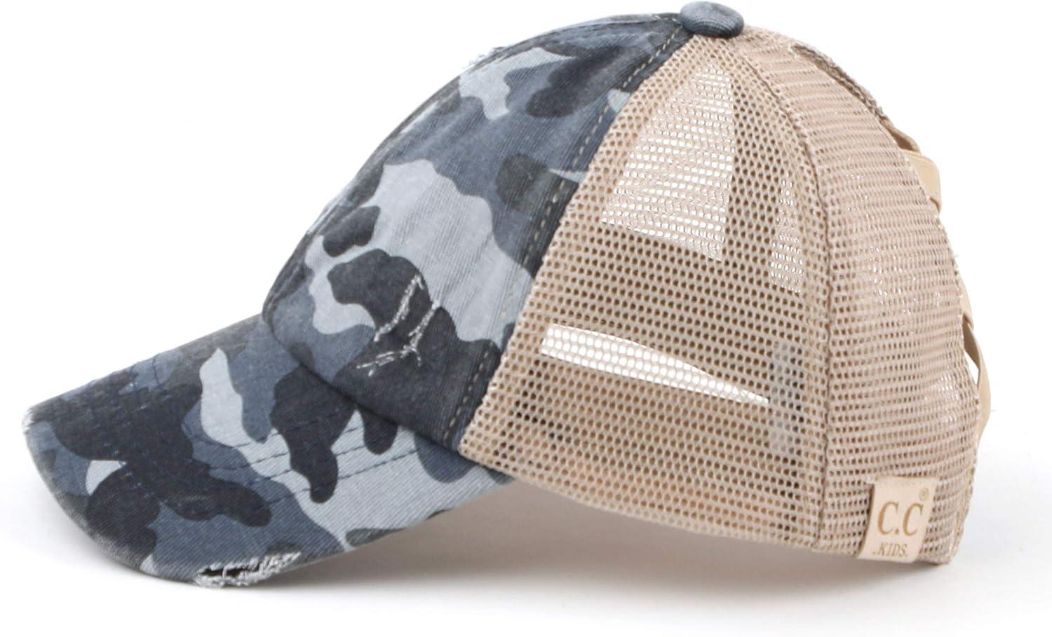 imageCC Kids CrissCross Elastic Band Ponytail Caps Messy Buns Trucker Plain Baseball Cap KIDSBT780Camoblue