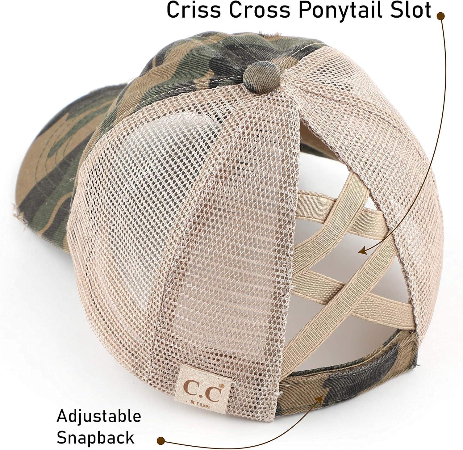 imageCC Kids CrissCross Elastic Band Ponytail Caps Messy Buns Trucker Plain Baseball Cap KIDSBT780Camoolive