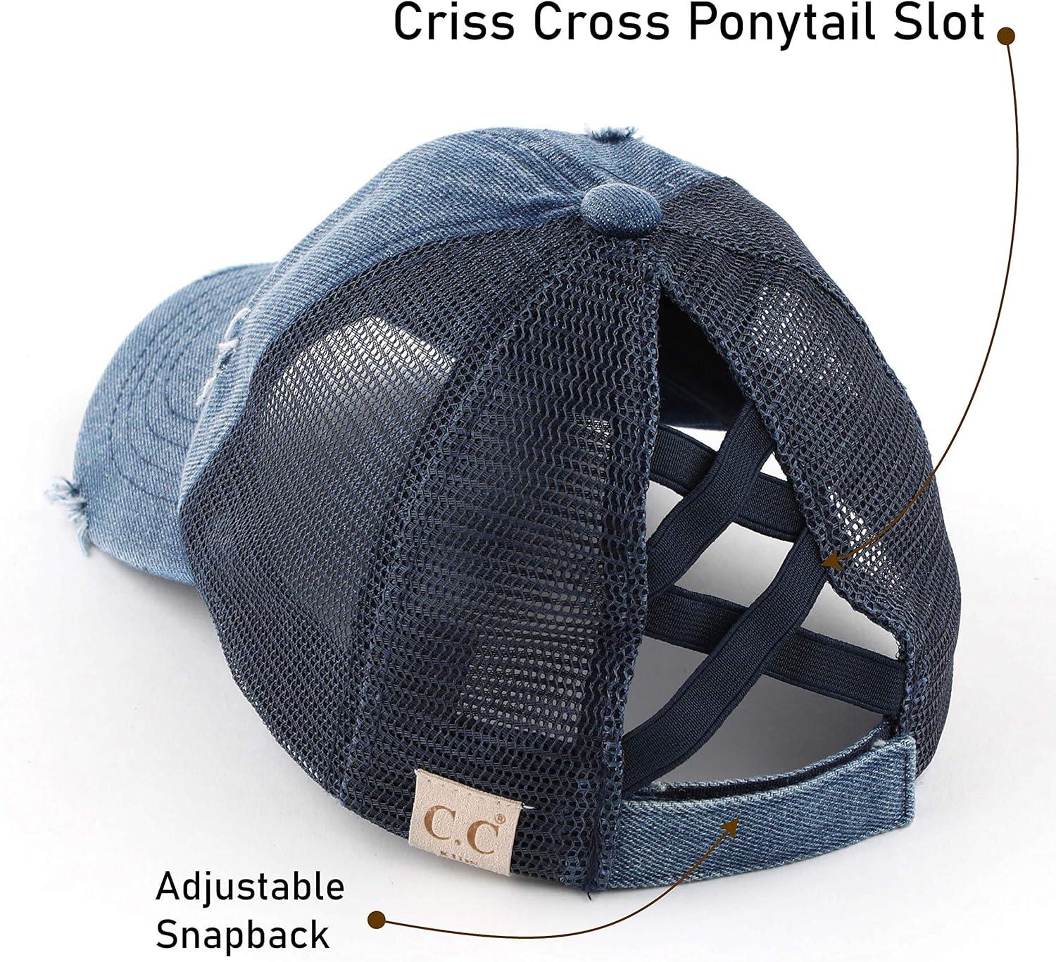 imageCC Kids CrissCross Elastic Band Ponytail Caps Messy Buns Trucker Plain Baseball Cap KIDSBT780Denum