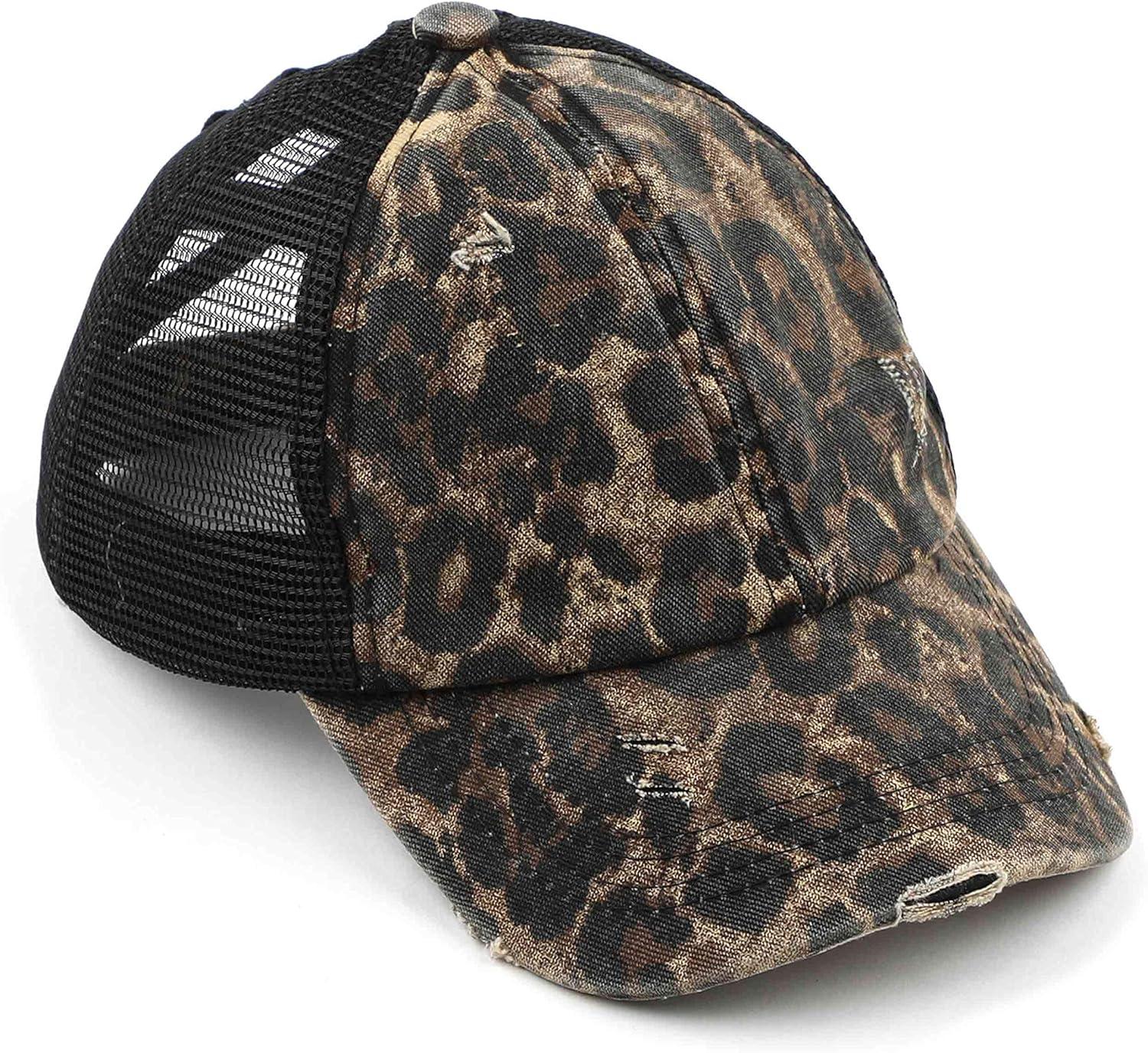 imageCC Kids CrissCross Elastic Band Ponytail Caps Messy Buns Trucker Plain Baseball Cap KIDSBT780Leopard