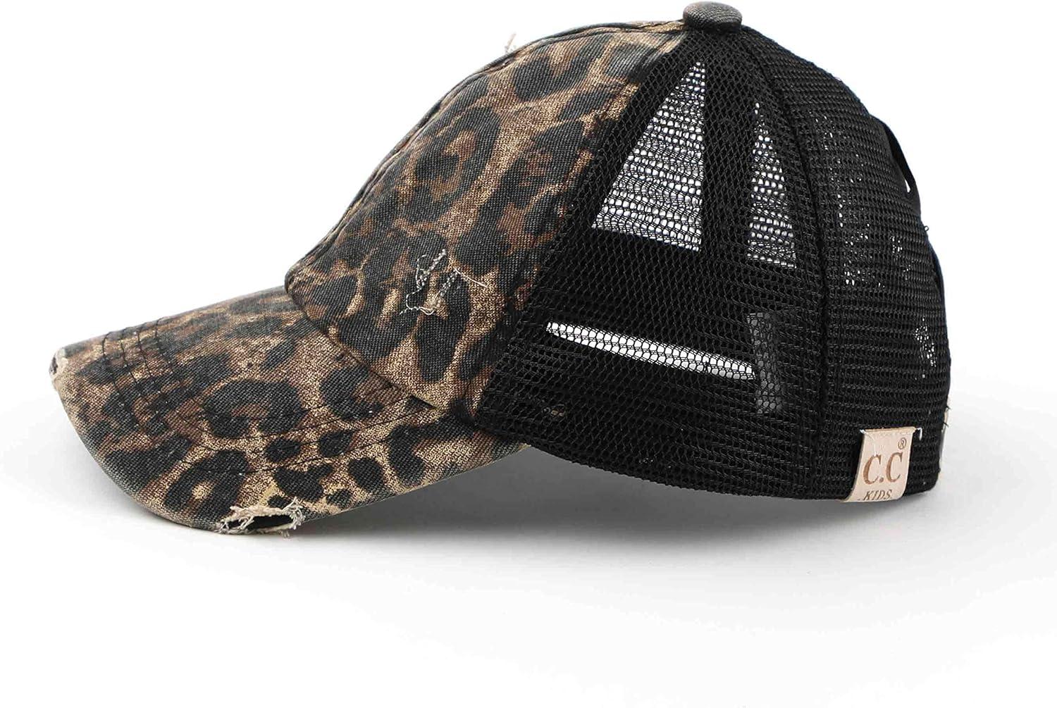 imageCC Kids CrissCross Elastic Band Ponytail Caps Messy Buns Trucker Plain Baseball Cap KIDSBT780Leopard