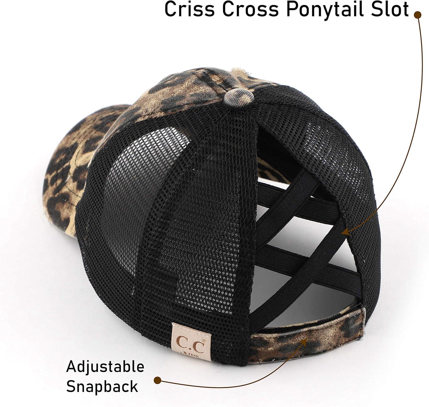 imageCC Kids CrissCross Elastic Band Ponytail Caps Messy Buns Trucker Plain Baseball Cap KIDSBT780Leopard