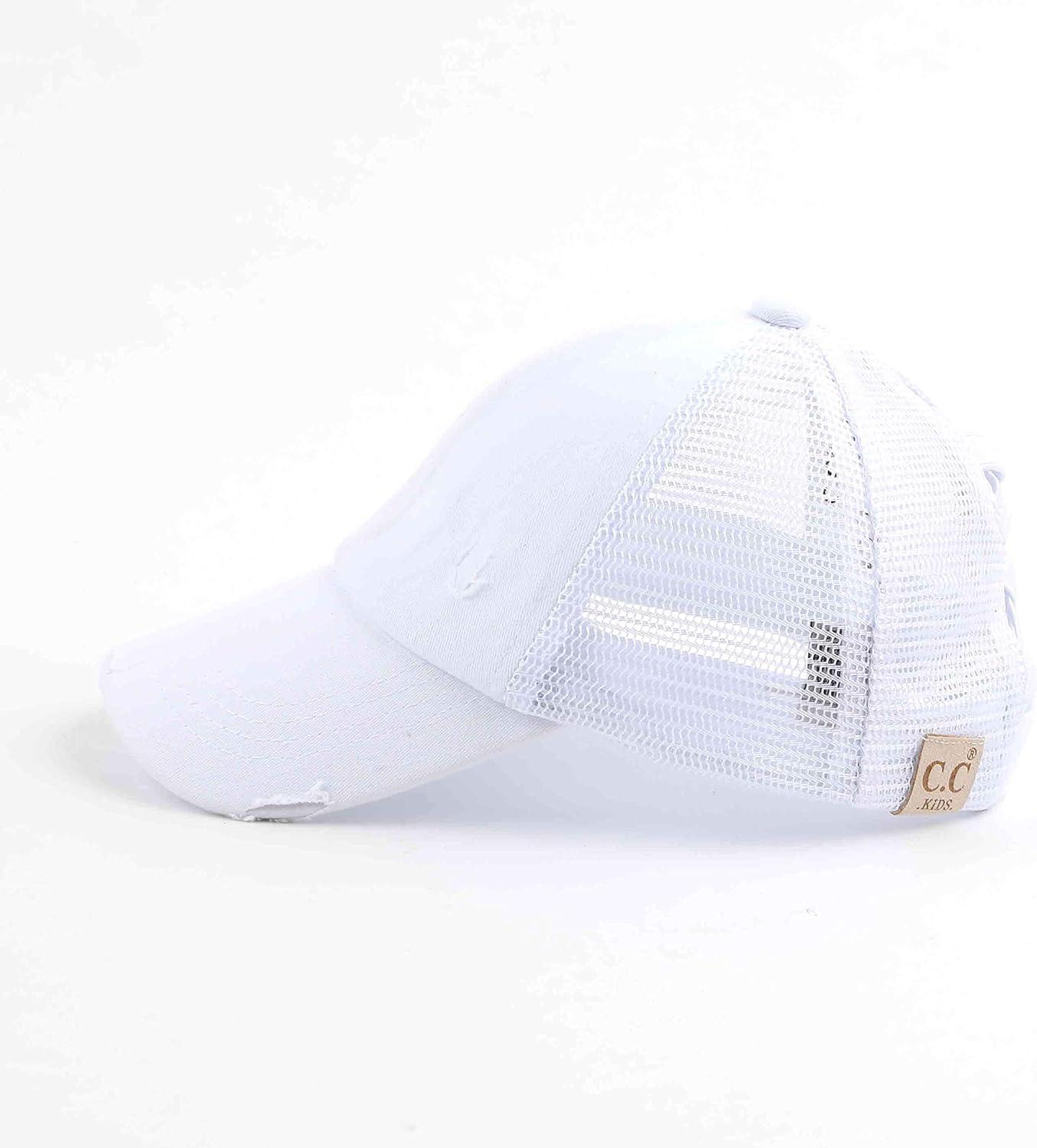 imageCC Kids CrissCross Elastic Band Ponytail Caps Messy Buns Trucker Plain Baseball Cap KIDSBT780White