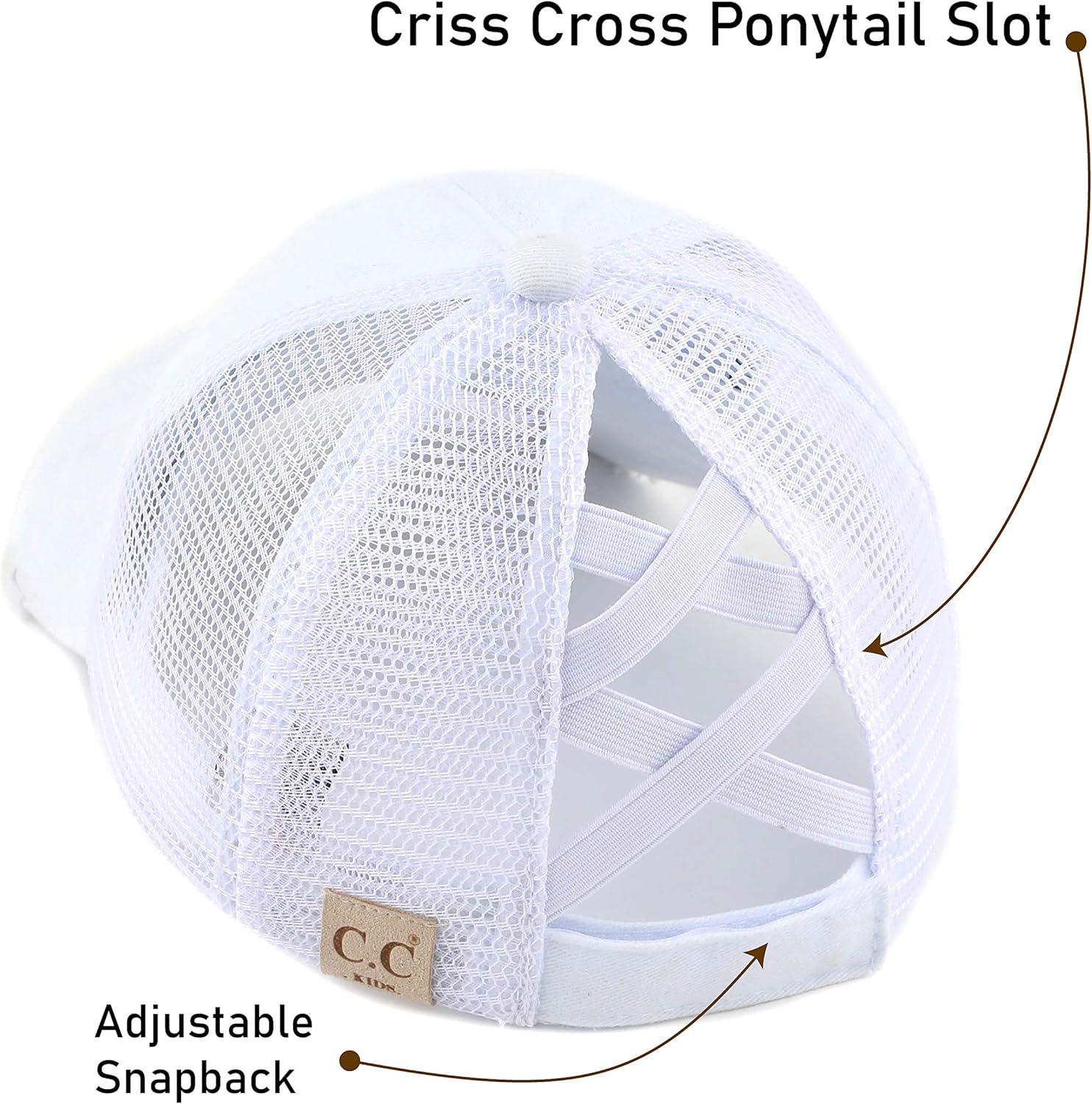 imageCC Kids CrissCross Elastic Band Ponytail Caps Messy Buns Trucker Plain Baseball Cap KIDSBT780White