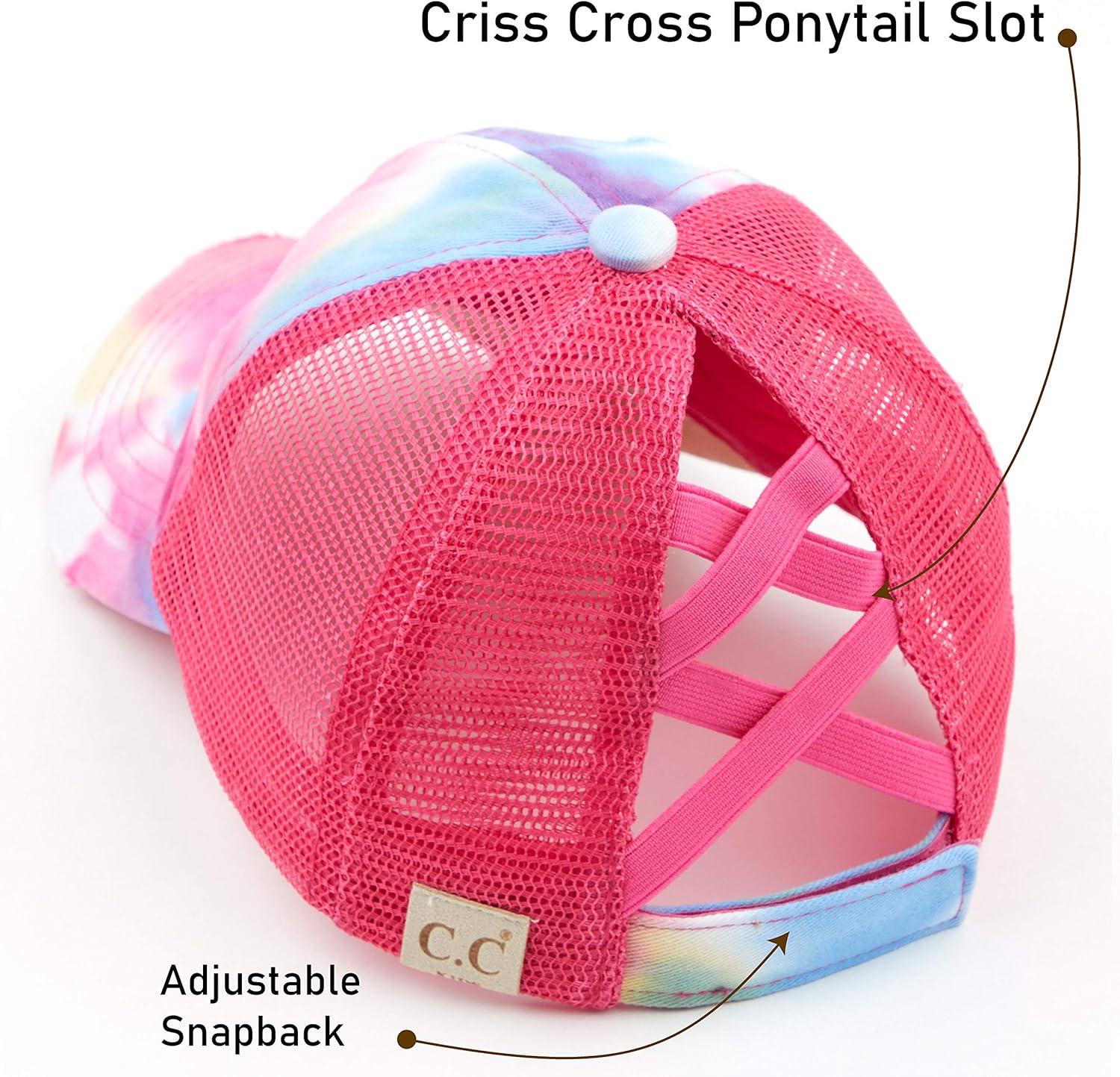 imageCC Kids CrissCross Elastic Band Ponytail Caps Messy Buns Trucker Plain Baseball Cap KIDSBT791Hot Pink