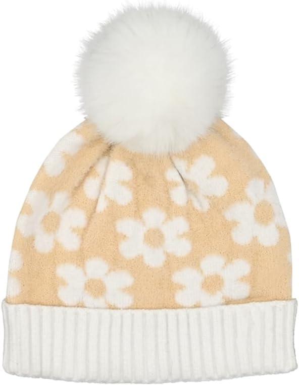 imageCC Kids Daisy Fur Pom Beanie for Boys Girls  Comfortable Soft Warm Children Youth Knit Skully Hat with Faux PomBeige