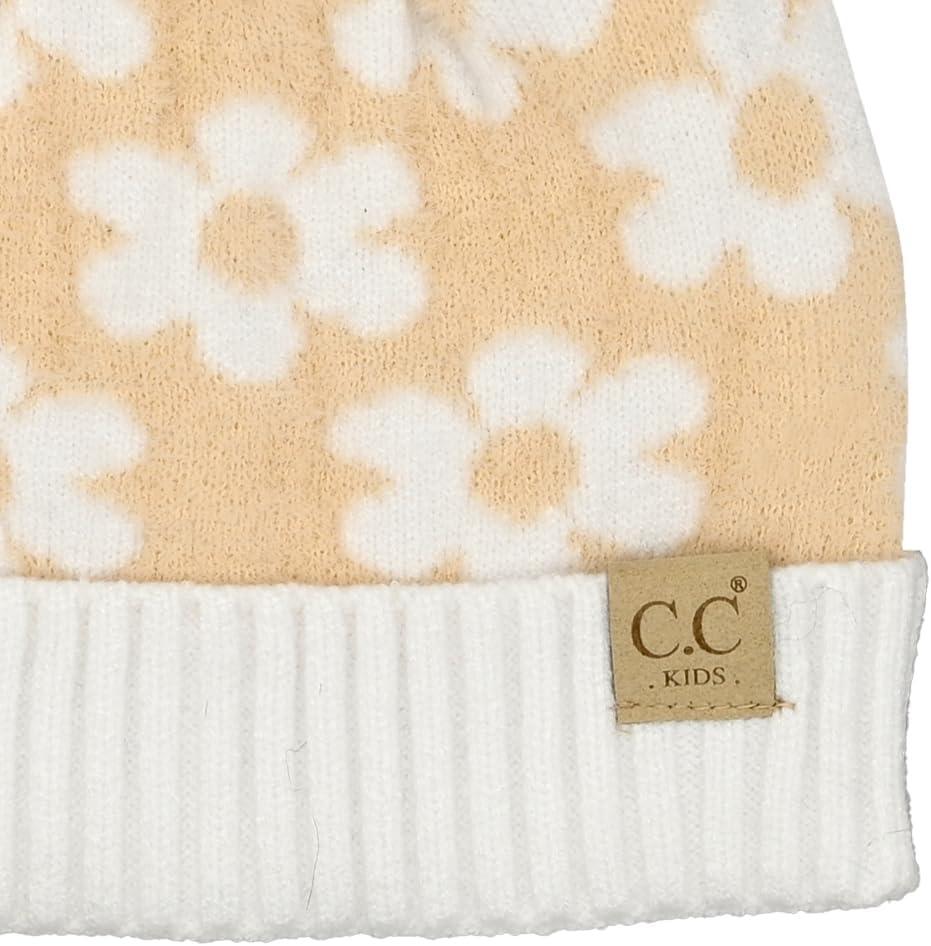 imageCC Kids Daisy Fur Pom Beanie for Boys Girls  Comfortable Soft Warm Children Youth Knit Skully Hat with Faux PomBeige