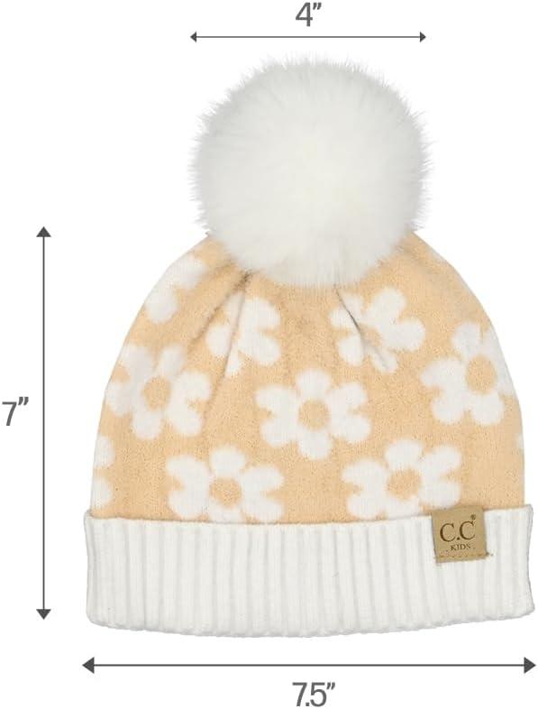 imageCC Kids Daisy Fur Pom Beanie for Boys Girls  Comfortable Soft Warm Children Youth Knit Skully Hat with Faux PomBeige
