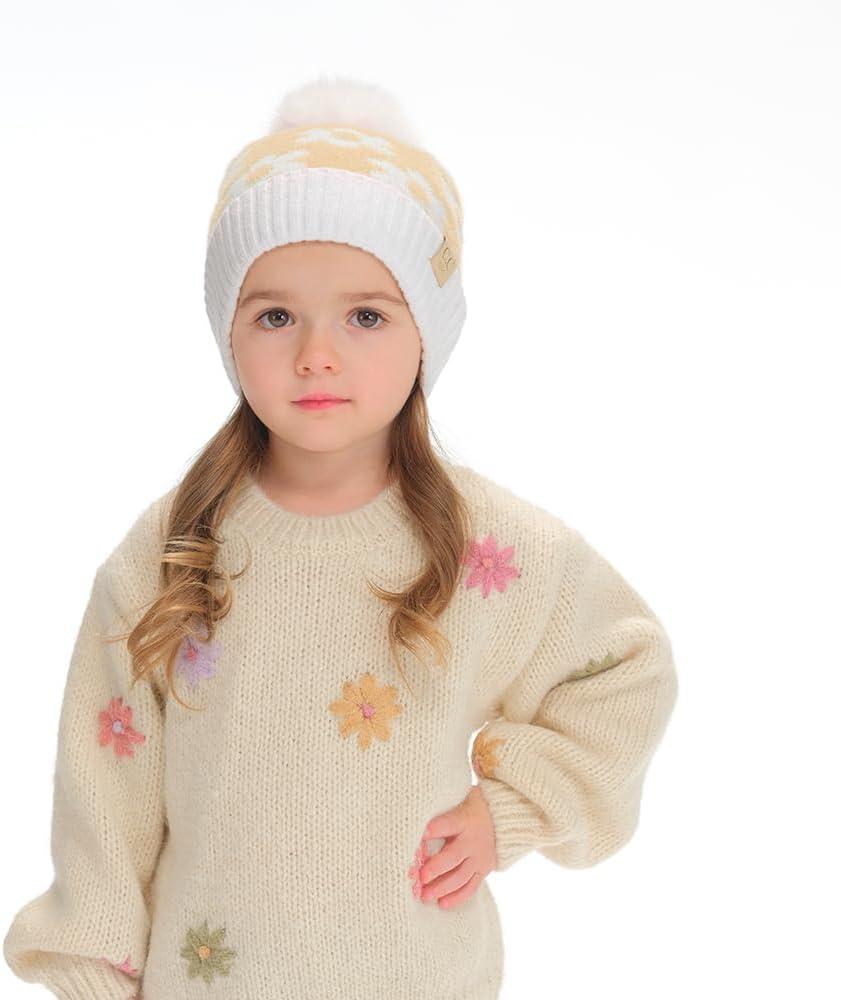 imageCC Kids Daisy Fur Pom Beanie for Boys Girls  Comfortable Soft Warm Children Youth Knit Skully Hat with Faux PomBeige