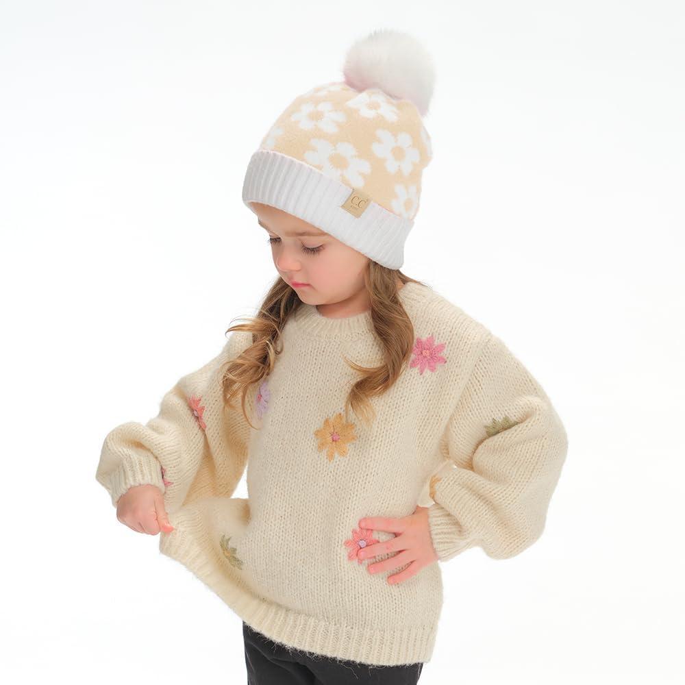 imageCC Kids Daisy Fur Pom Beanie for Boys Girls  Comfortable Soft Warm Children Youth Knit Skully Hat with Faux PomBeige