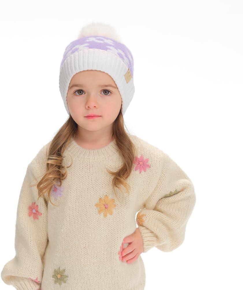 imageCC Kids Daisy Fur Pom Beanie for Boys Girls  Comfortable Soft Warm Children Youth Knit Skully Hat with Faux PomLavender