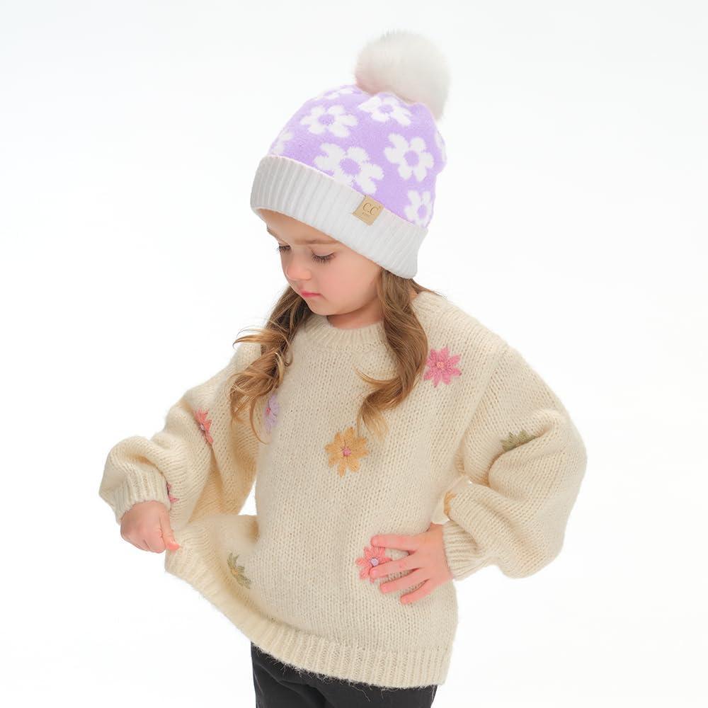 imageCC Kids Daisy Fur Pom Beanie for Boys Girls  Comfortable Soft Warm Children Youth Knit Skully Hat with Faux PomLavender