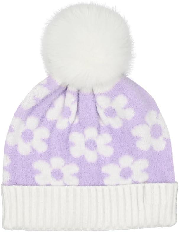imageCC Kids Daisy Fur Pom Beanie for Boys Girls  Comfortable Soft Warm Children Youth Knit Skully Hat with Faux PomLavender