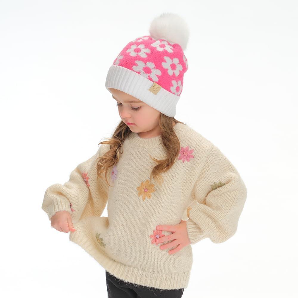 imageCC Kids Daisy Fur Pom Beanie for Boys Girls  Comfortable Soft Warm Children Youth Knit Skully Hat with Faux PomNew Candy Pink