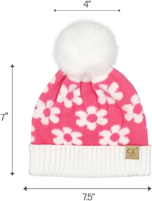 imageCC Kids Daisy Fur Pom Beanie for Boys Girls  Comfortable Soft Warm Children Youth Knit Skully Hat with Faux PomNew Candy Pink