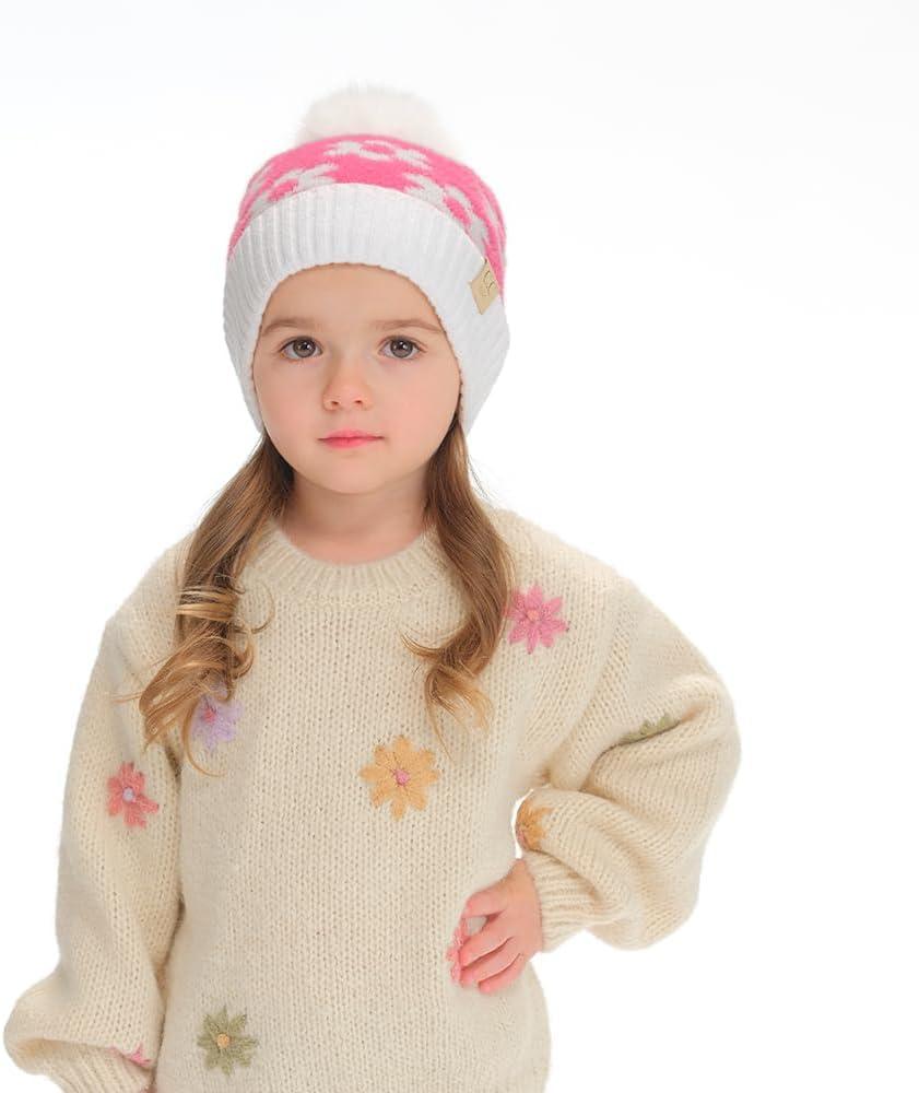 imageCC Kids Daisy Fur Pom Beanie for Boys Girls  Comfortable Soft Warm Children Youth Knit Skully Hat with Faux PomNew Candy Pink