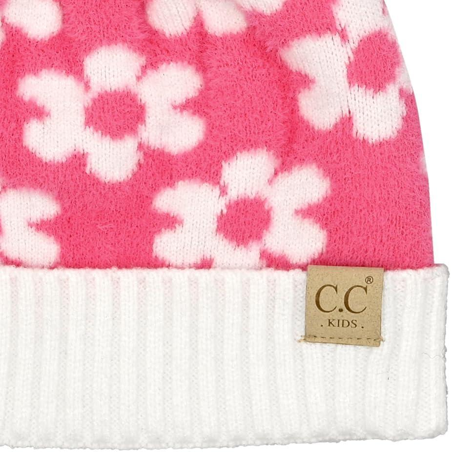 imageCC Kids Daisy Fur Pom Beanie for Boys Girls  Comfortable Soft Warm Children Youth Knit Skully Hat with Faux PomNew Candy Pink
