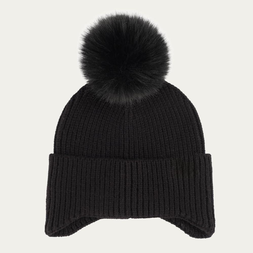 imageCC Kids Ear Flap Fur Pom Beanie for Boys Girls  Comfortable Soft Warm Children Youth Knit Skully Hat with Faux Fur PomBlack