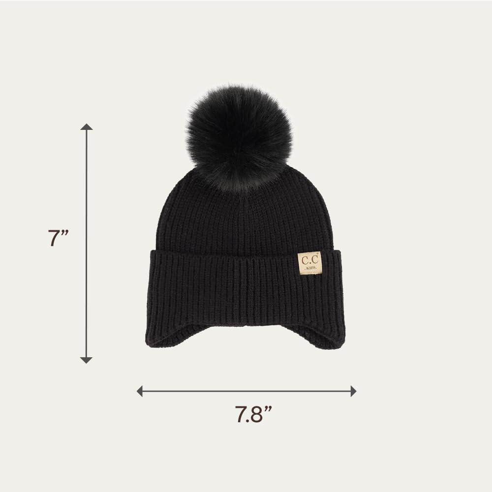 imageCC Kids Ear Flap Fur Pom Beanie for Boys Girls  Comfortable Soft Warm Children Youth Knit Skully Hat with Faux Fur PomBlack