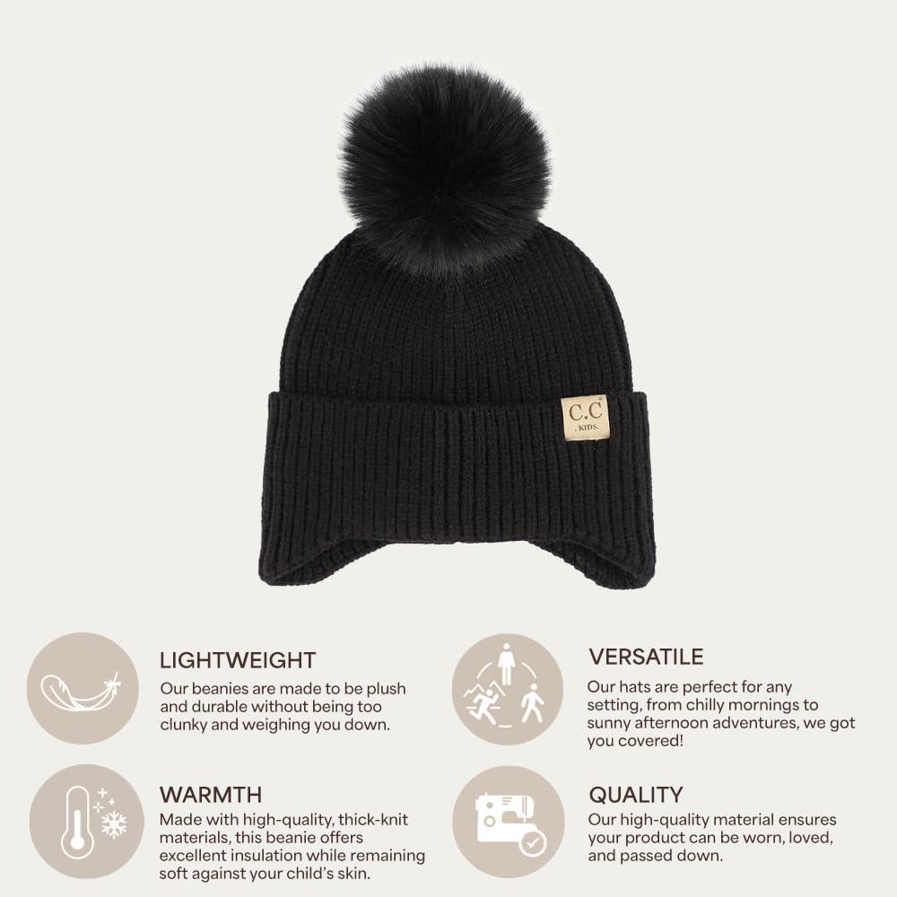 imageCC Kids Ear Flap Fur Pom Beanie for Boys Girls  Comfortable Soft Warm Children Youth Knit Skully Hat with Faux Fur PomBlack