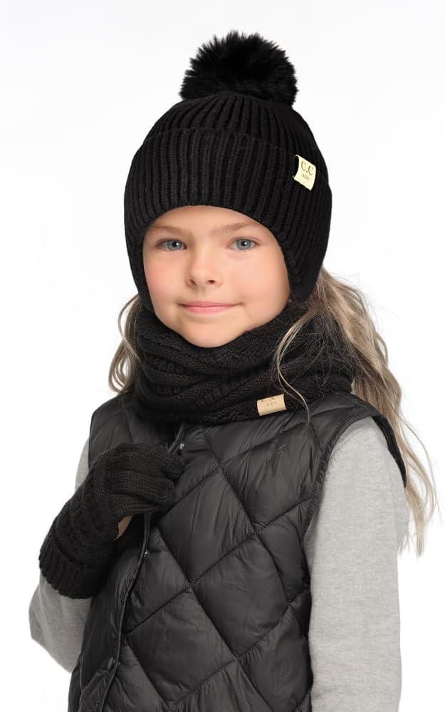 imageCC Kids Ear Flap Fur Pom Beanie for Boys Girls  Comfortable Soft Warm Children Youth Knit Skully Hat with Faux Fur PomBlack