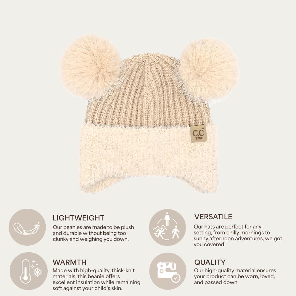 imageCC Kids Ear Flap Fur Pom Beanie for Boys Girls  Comfortable Soft Warm Children Youth Knit Skully Hat with Faux Fur PomDouble Pom  Beige