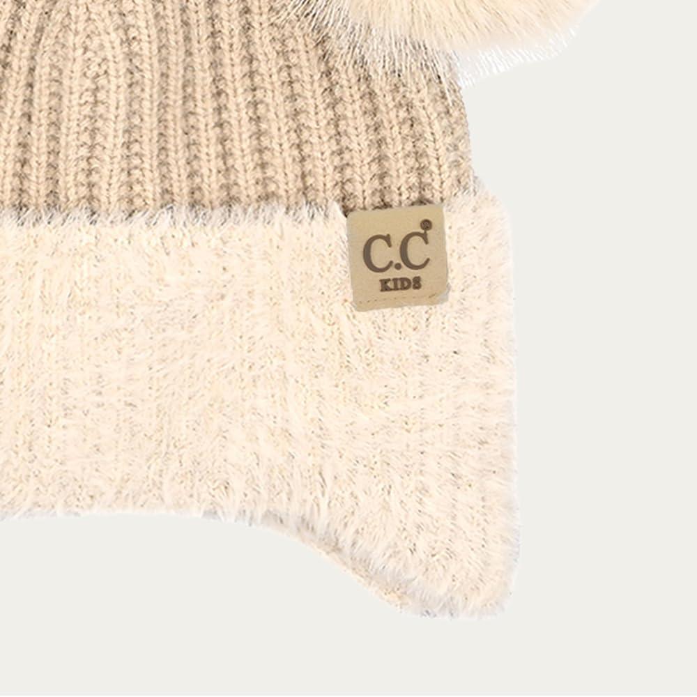 imageCC Kids Ear Flap Fur Pom Beanie for Boys Girls  Comfortable Soft Warm Children Youth Knit Skully Hat with Faux Fur PomDouble Pom  Beige