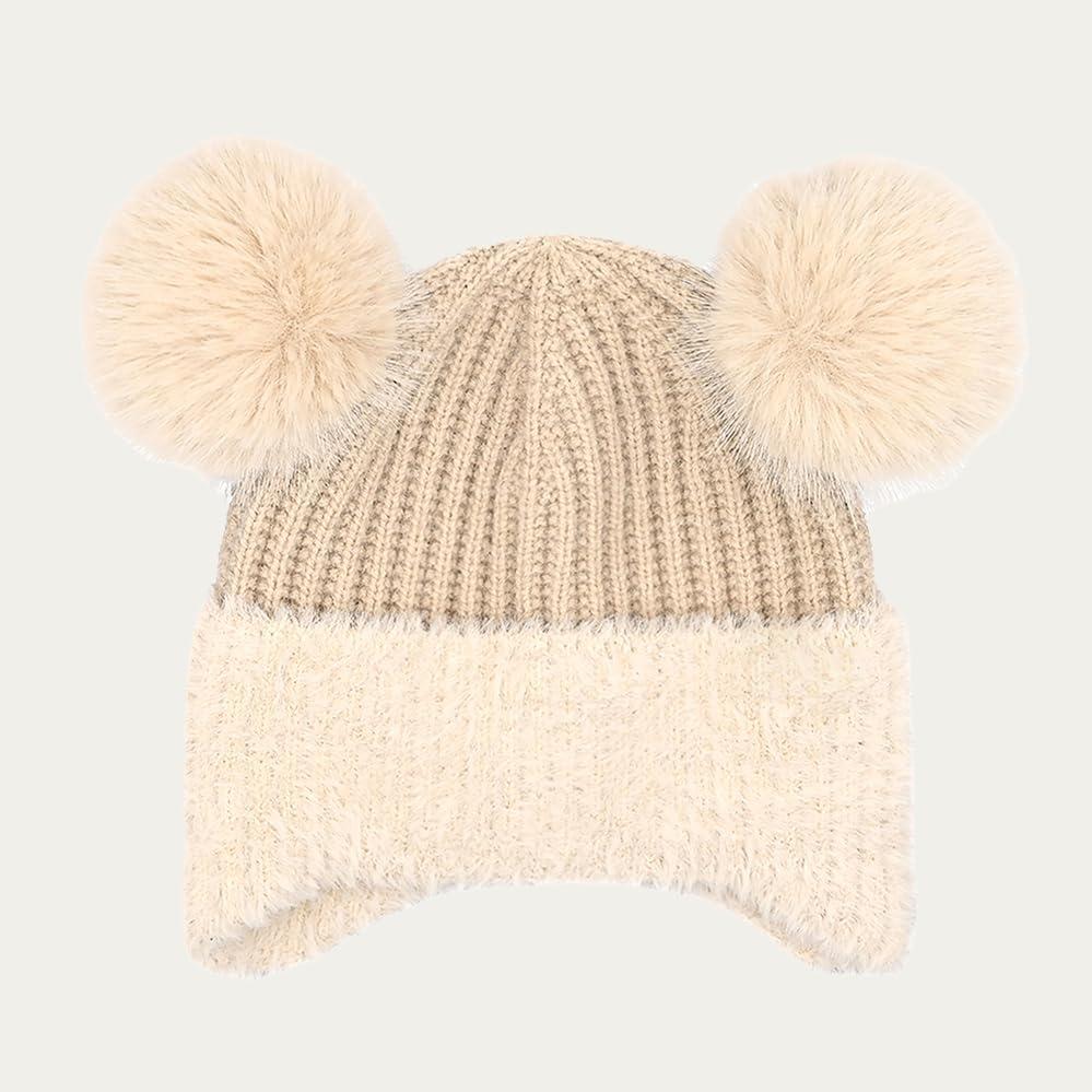 imageCC Kids Ear Flap Fur Pom Beanie for Boys Girls  Comfortable Soft Warm Children Youth Knit Skully Hat with Faux Fur PomDouble Pom  Beige