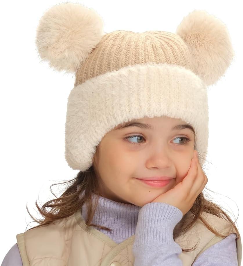 imageCC Kids Ear Flap Fur Pom Beanie for Boys Girls  Comfortable Soft Warm Children Youth Knit Skully Hat with Faux Fur PomDouble Pom  Beige