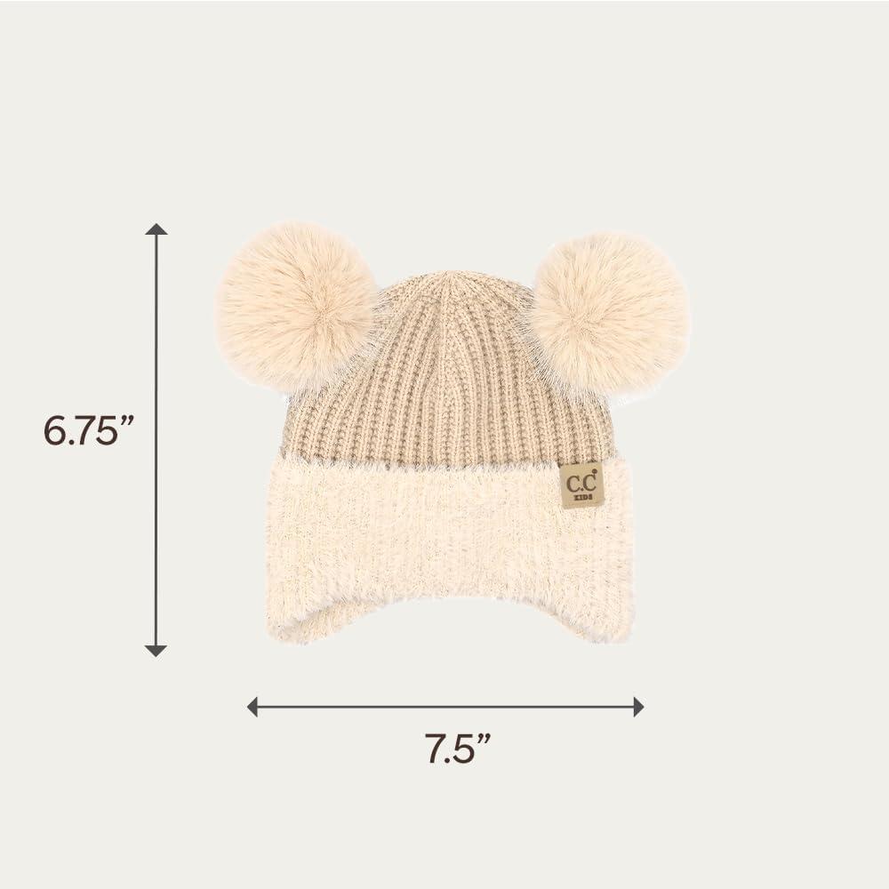 imageCC Kids Ear Flap Fur Pom Beanie for Boys Girls  Comfortable Soft Warm Children Youth Knit Skully Hat with Faux Fur PomDouble Pom  Beige