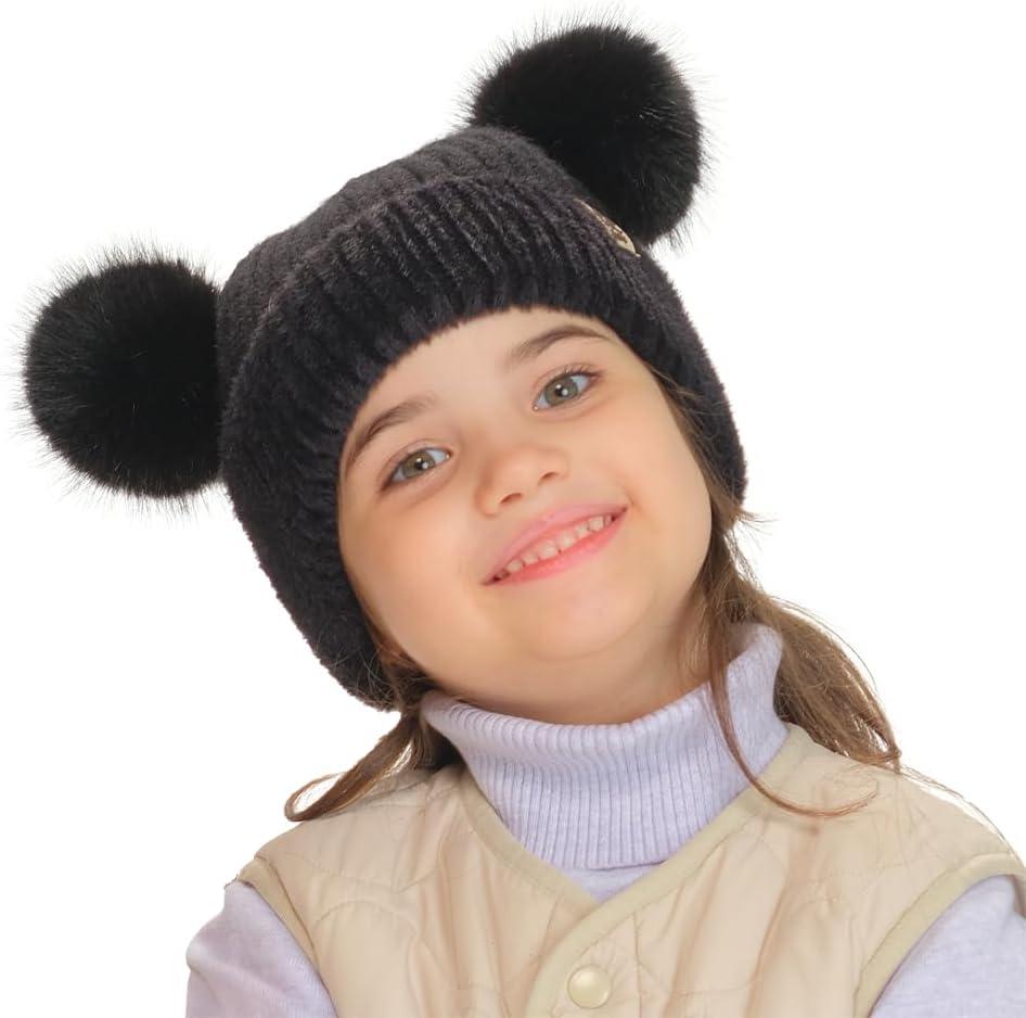 imageCC Kids Ear Flap Fur Pom Beanie for Boys Girls  Comfortable Soft Warm Children Youth Knit Skully Hat with Faux Fur PomDouble Pom  Black
