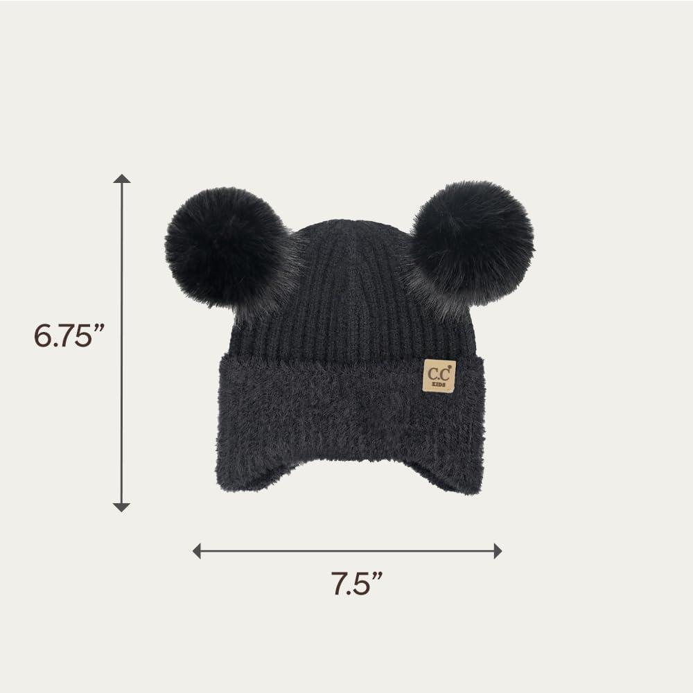 imageCC Kids Ear Flap Fur Pom Beanie for Boys Girls  Comfortable Soft Warm Children Youth Knit Skully Hat with Faux Fur PomDouble Pom  Black