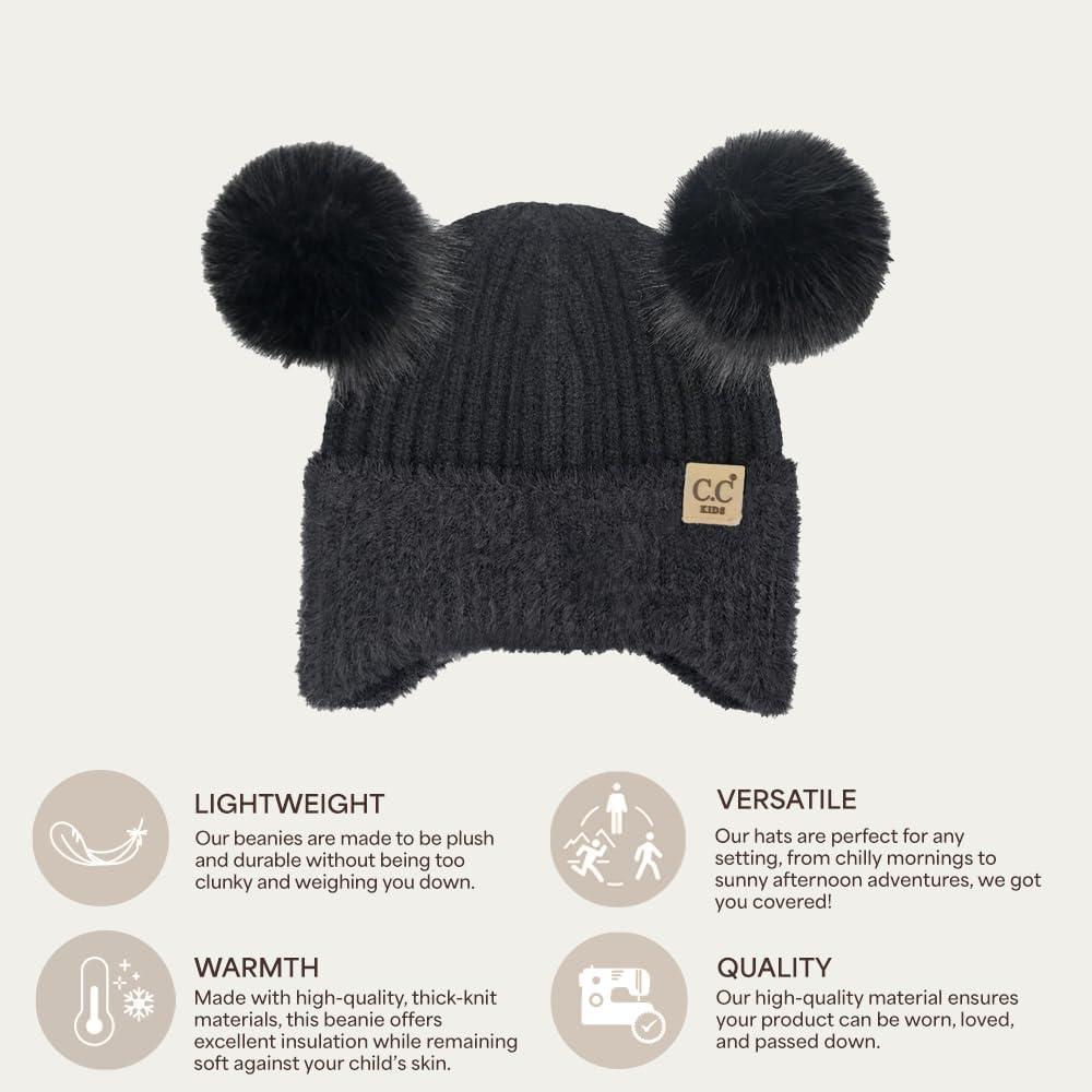 imageCC Kids Ear Flap Fur Pom Beanie for Boys Girls  Comfortable Soft Warm Children Youth Knit Skully Hat with Faux Fur PomDouble Pom  Black